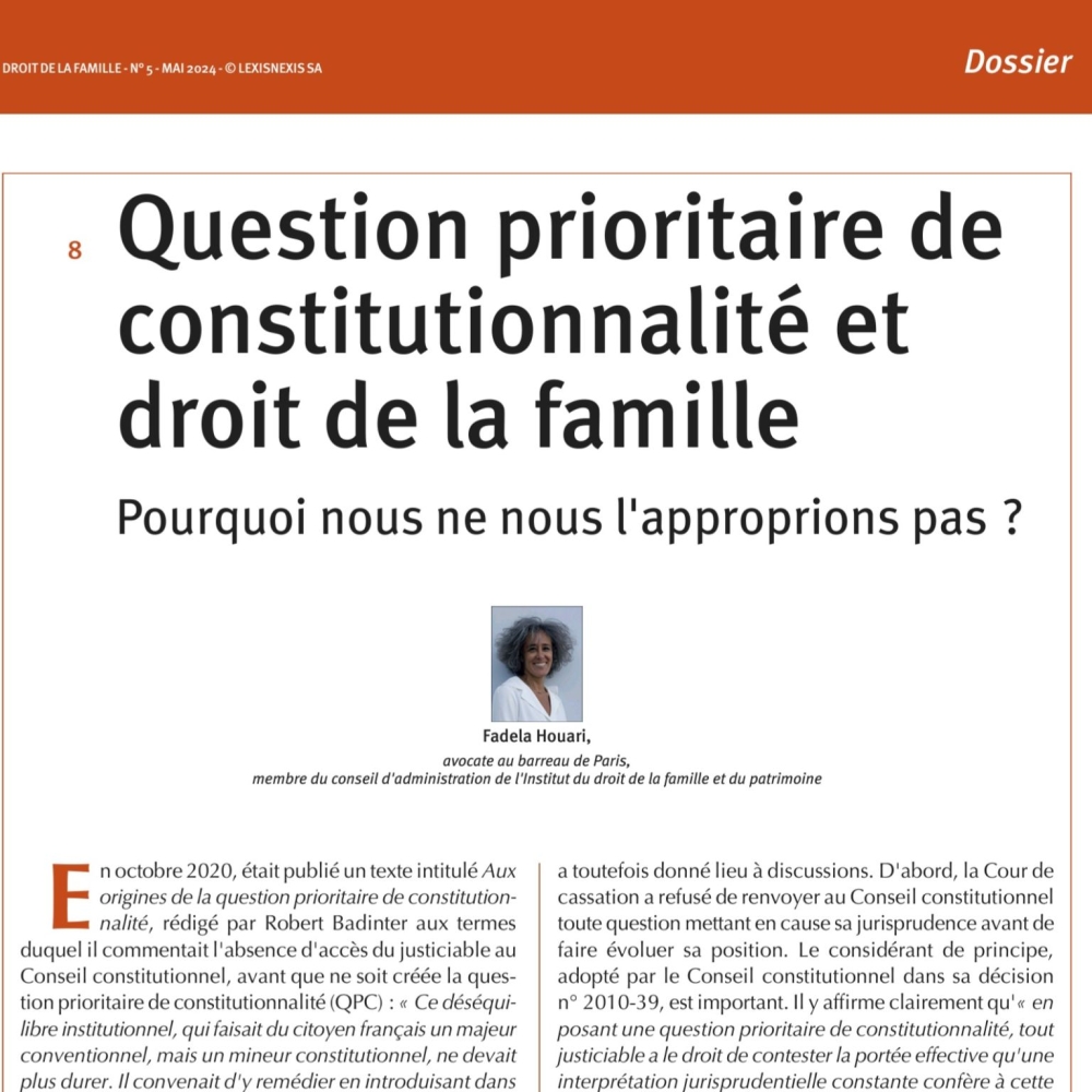 Article de Maître Fadéla Houari dans la Revue Droit de la Famille
